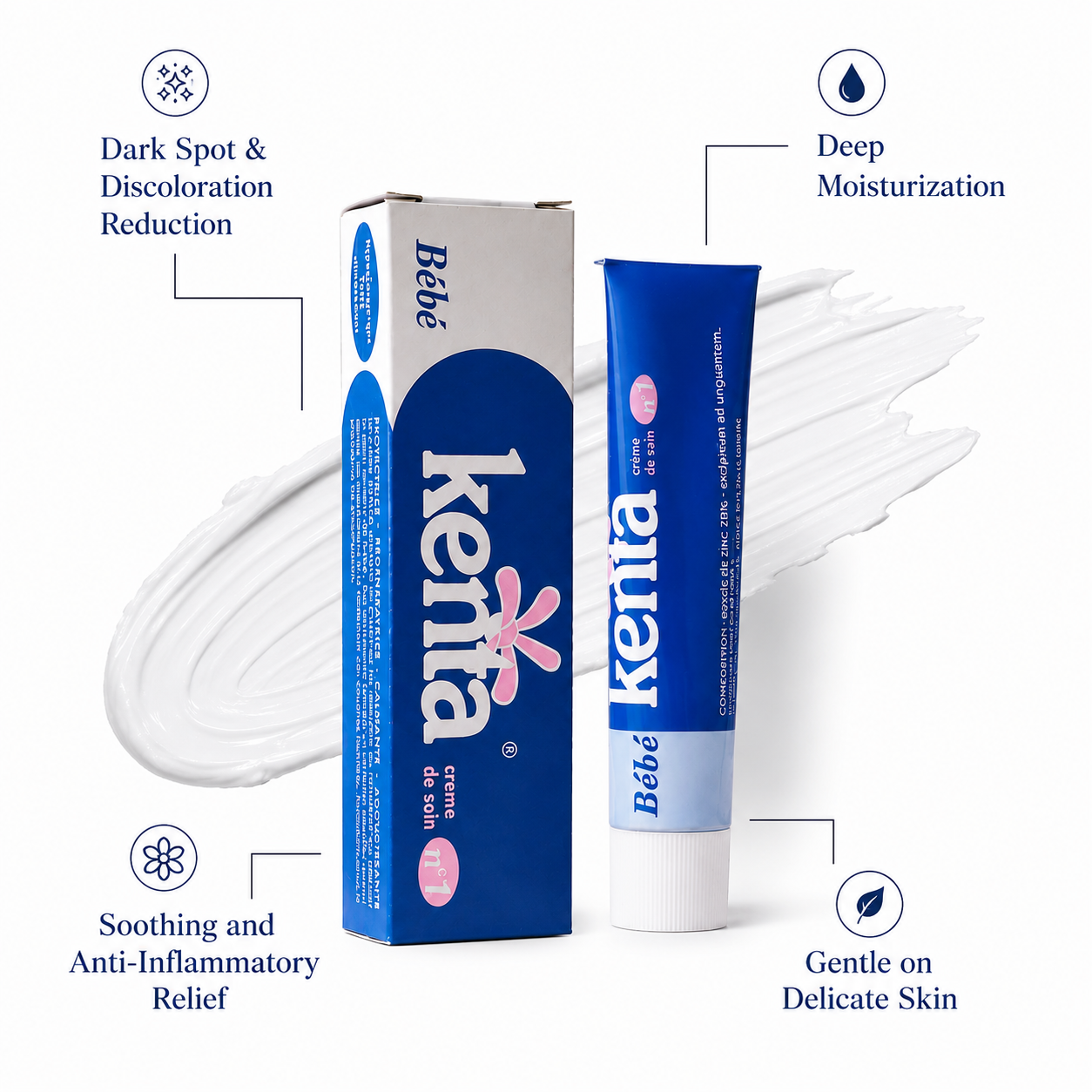 Kenta Cream for sensitive skin helps reduce dark spots, deeply moisturizes, soothes irritation, and protects delicate skin with a gentle zinc oxide formula.