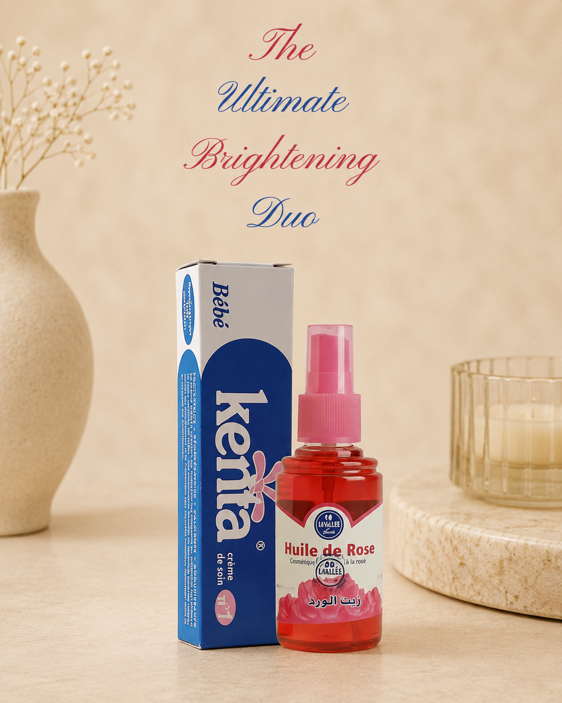 Bashra Beauty Ultimate Brightening Duo featuring Kenta Cream and Rose Oil with skincare benefits including moisturizing, soothing redness, brightening uneven skin tone, and promoting soft, healthy-looking skin.
