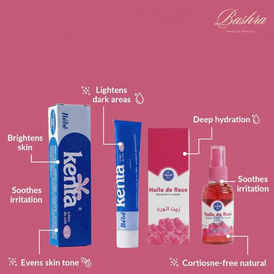 Bashra Kenta Cream and Rose Oil Moroccan brightening duo - lightens dark areas, brightens skin, deep hydration, soothes irritation, evens skin tone, cortisone-free natural