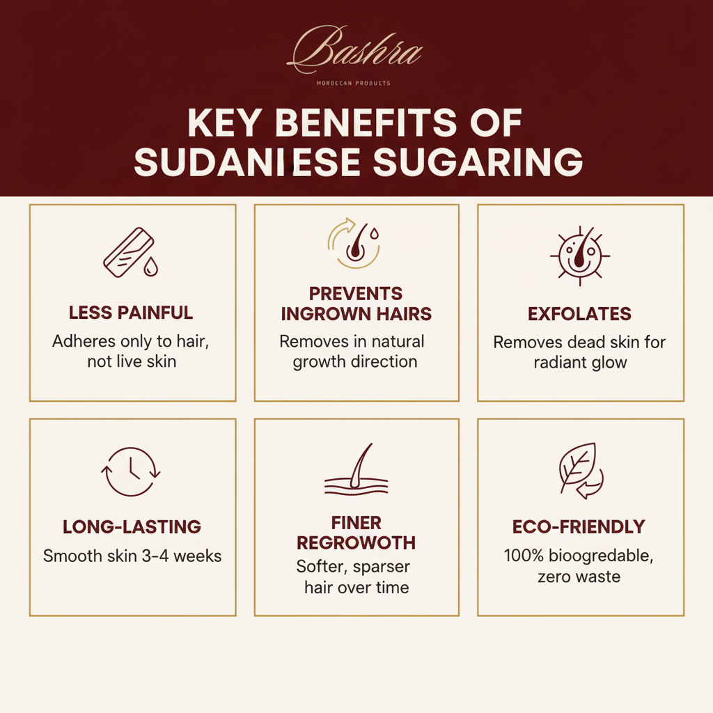 Key benefits of Sudanese Sugaring - less painful adheres only to hair, prevents ingrown hairs, exfoliates dead skin, long-lasting 3-4 weeks, finer regrowth, eco-friendly biodegradable