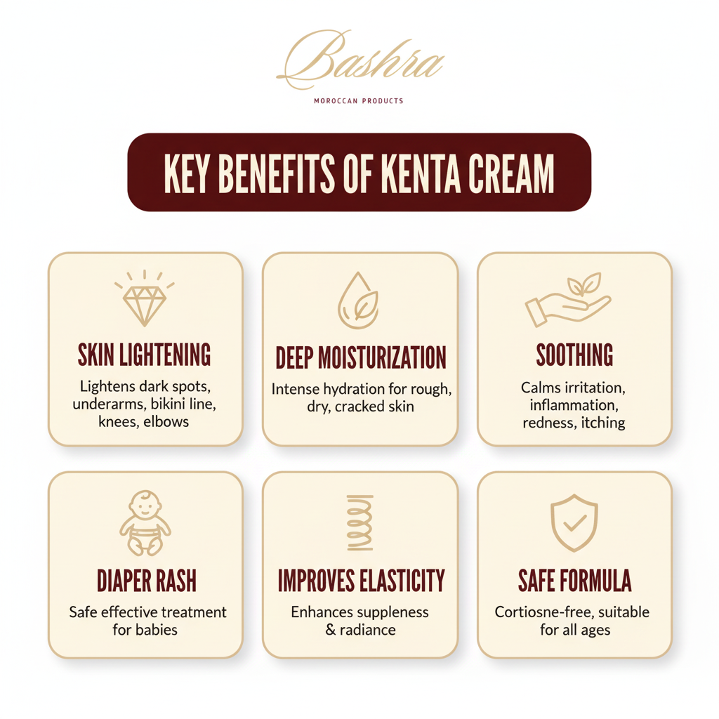 Key benefits of Kenta cream - skin lightening dark spots underarms bikini line, deep moisturization rough dry skin, soothing anti-inflammatory, diaper rash treatment babies, improves elasticity, cortisone-free safe formula"