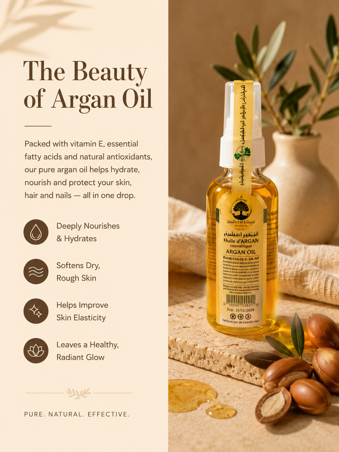 Educational graphic showcasing La Vallée Pure Moroccan Argan Oil and its naturally occurring vitamin E, essential fatty acids, and antioxidants for skin, hair, and nail care