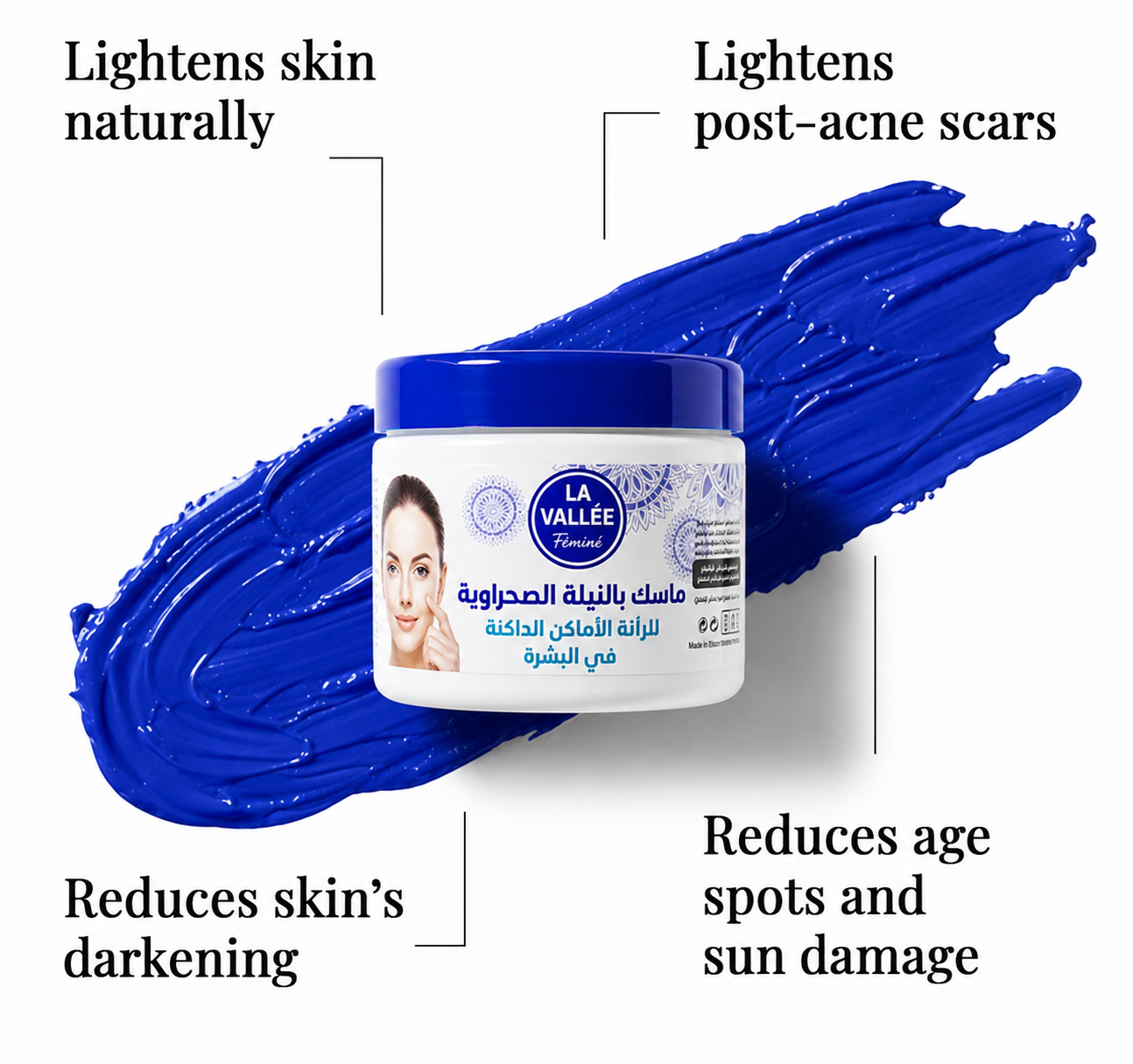 La Vallée Blue Nila Mask displayed on a blue indigo background highlighting benefits including naturally brightening skin, reducing post-acne marks, improving uneven skin tone, and minimizing age spots.
