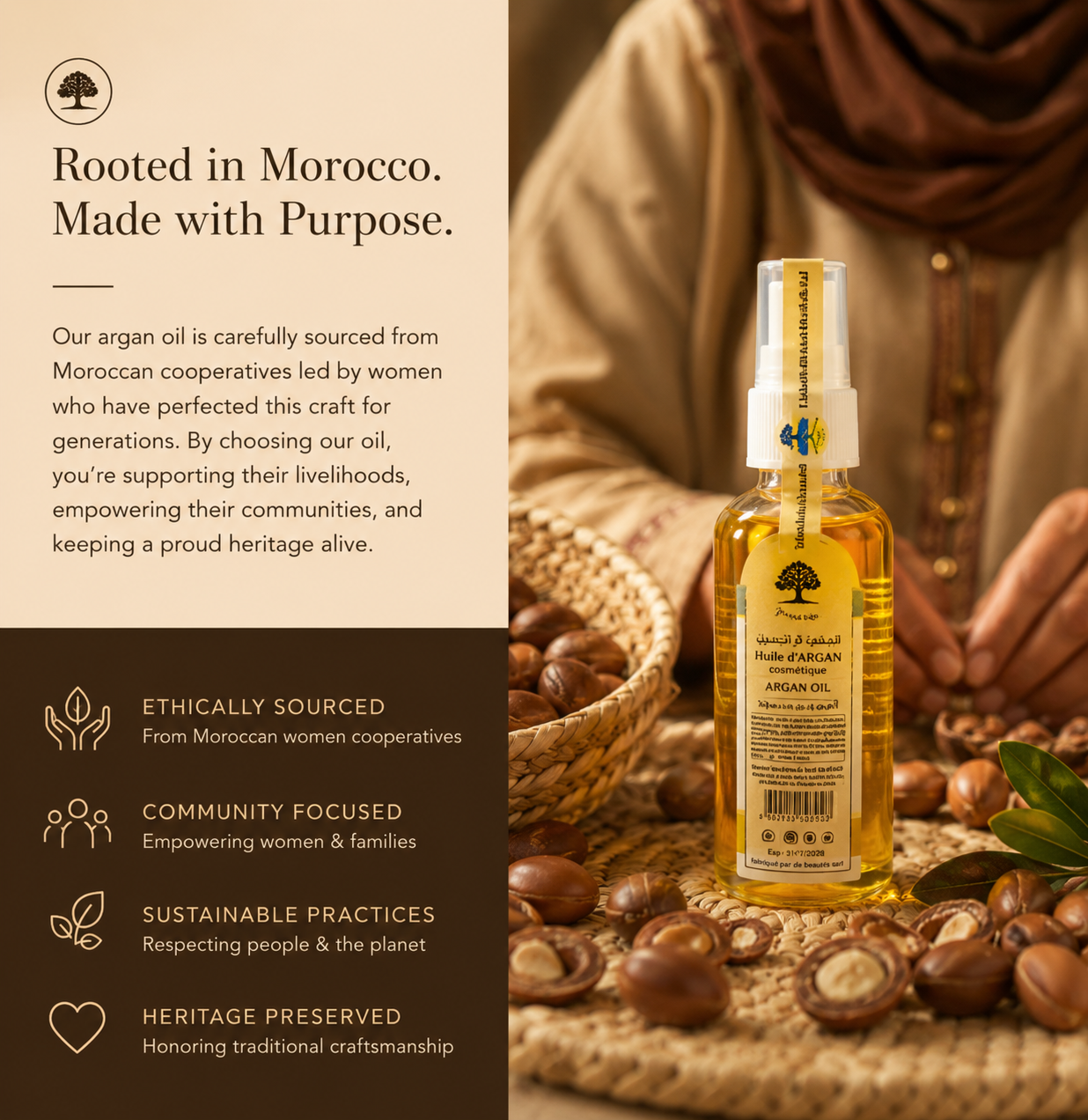 La Vallée Pure Moroccan Argan Oil sourced from women-led Moroccan cooperatives, highlighting traditional craftsmanship, ethical sourcing, and sustainable production.