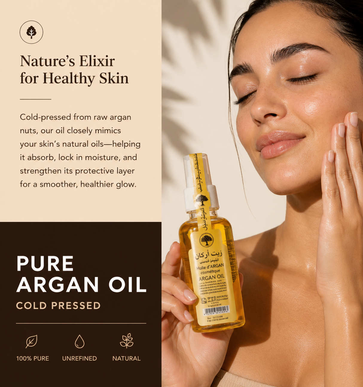 Woman with glowing skin holding La Vallée Pure Moroccan Argan Oil while applying it to her face. Cold-pressed argan oil for deep hydration and healthy-looking ski