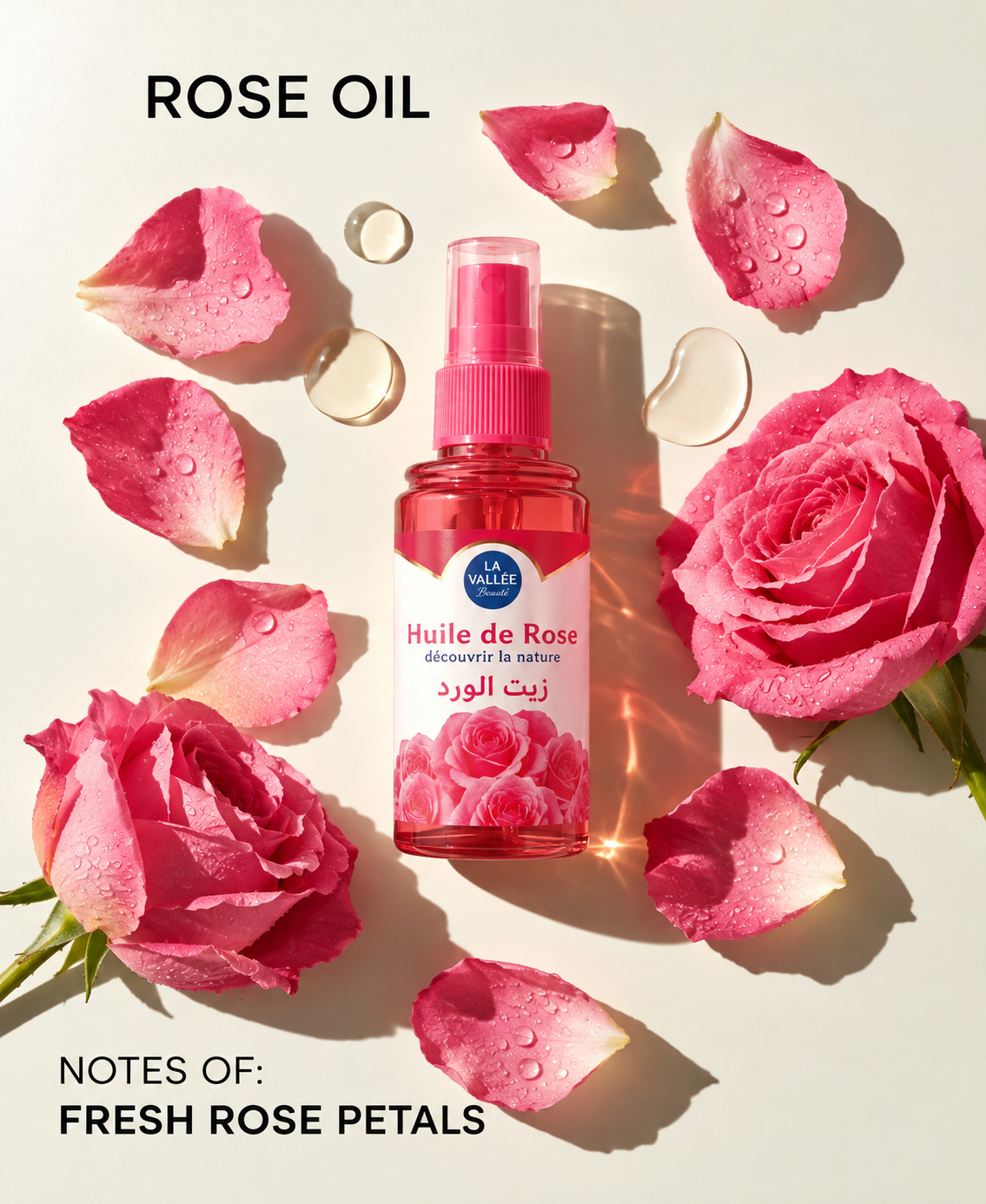 La Vallée rose oil bottle styled with rose petals and botanical accents against a softly lit cream background.