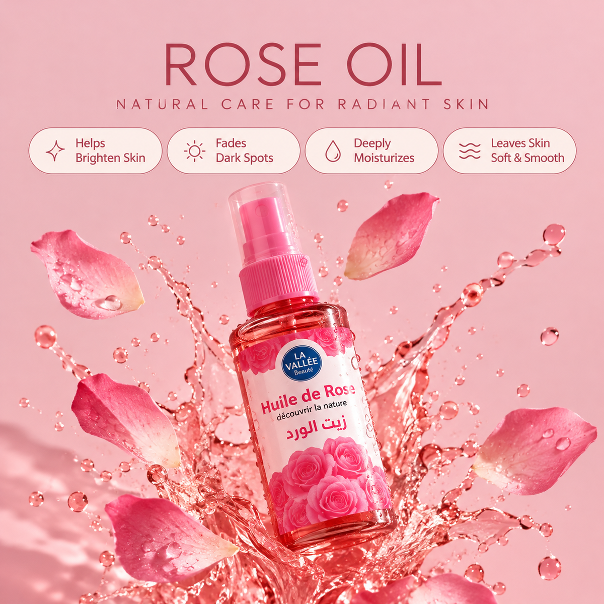 La Vallée rose oil promotional graphic featuring the bottle alongside skin-care imagery and information about moisturizing and improving the appearance of uneven skin tone.