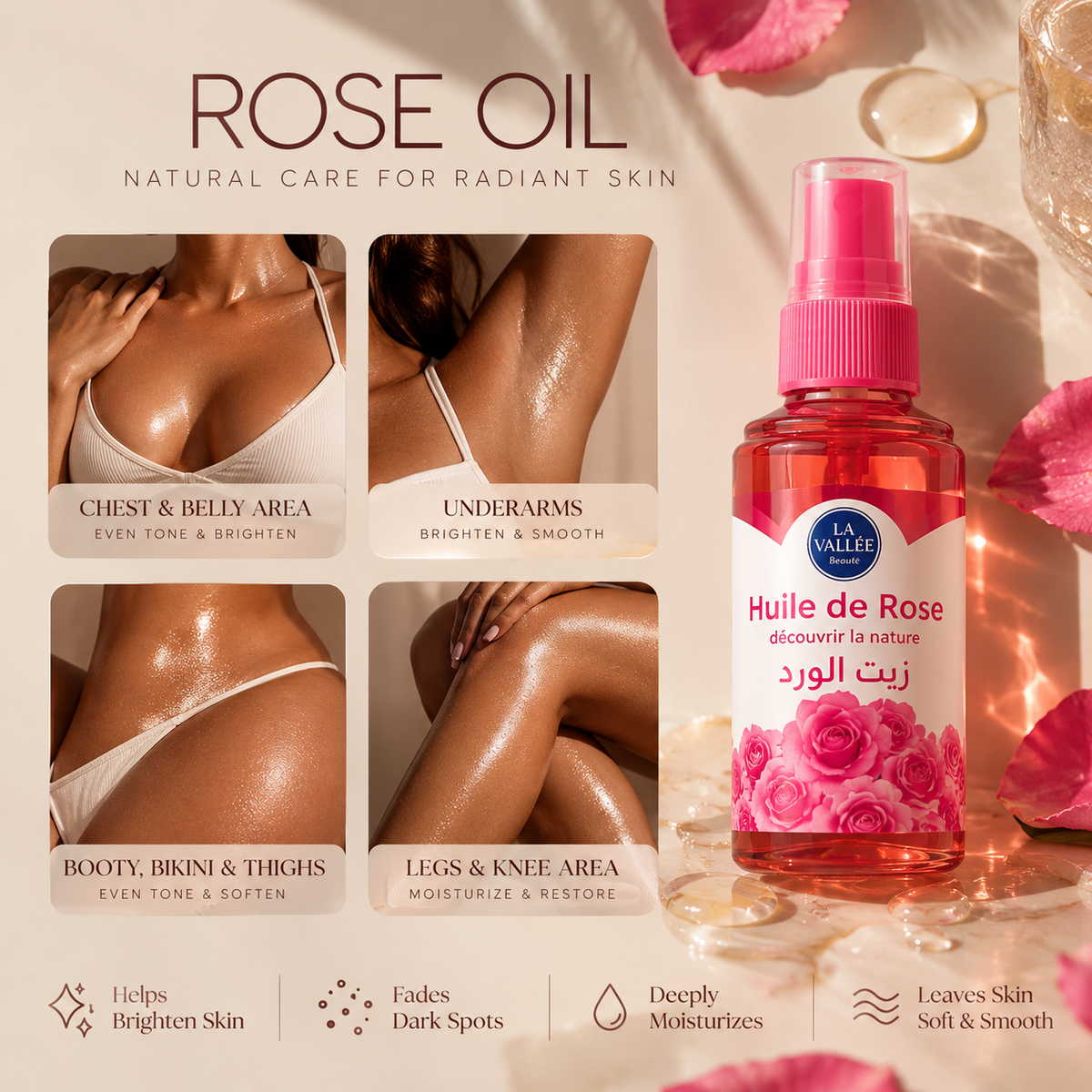 La Vallée rose oil skincare infographic featuring a rose oil bottle and skin care benefits, including moisturization, softer-looking skin, and improving the appearance of uneven skin tone.