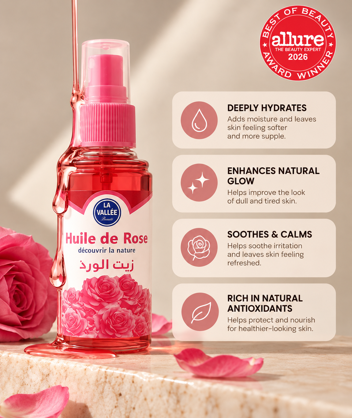 La Vallée rose oil skincare benefits infographic featuring a rose oil spray bottle, rose petals, and benefits including hydration, a natural-looking glow, soothing care, and antioxidant nourishment.