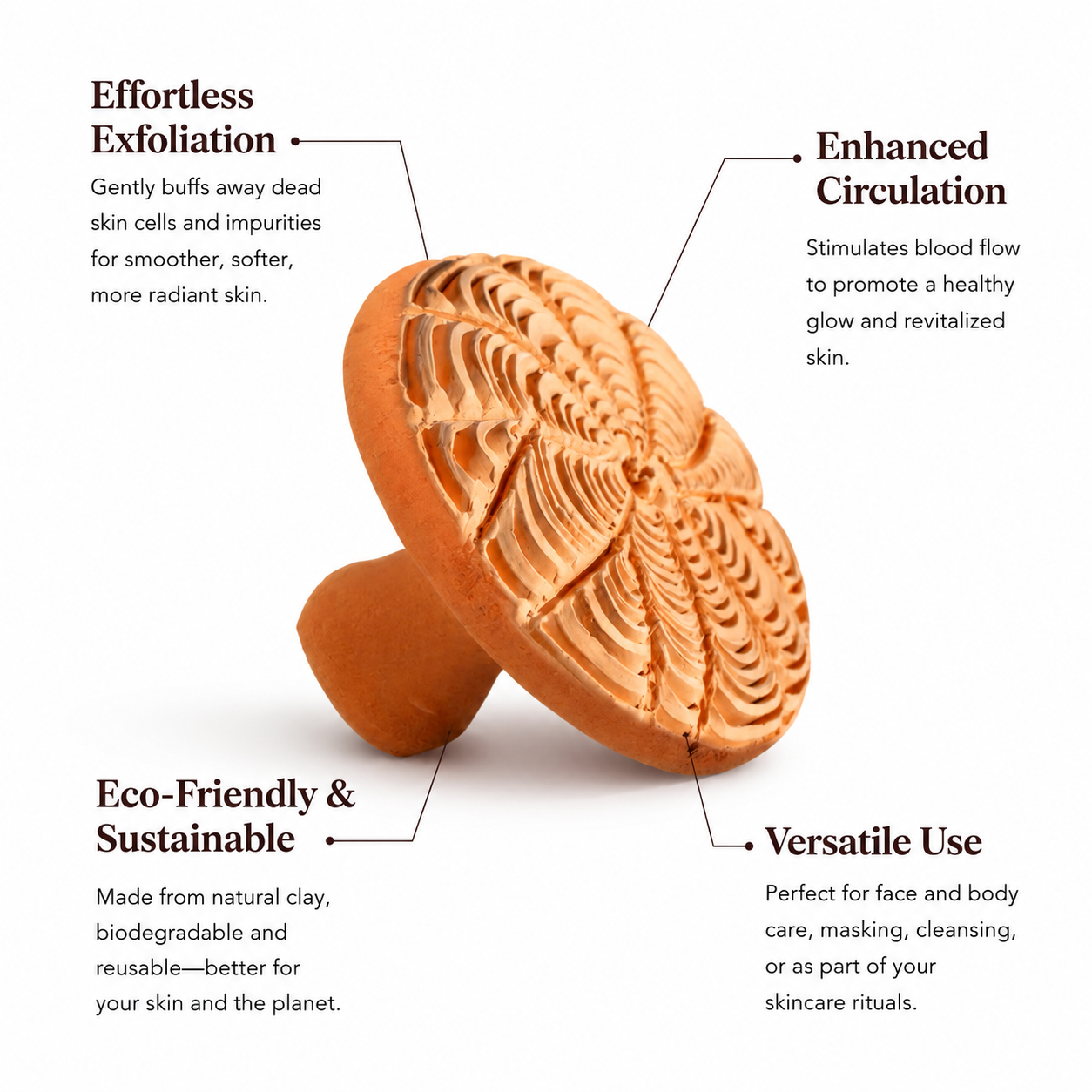 Natural Moroccan M'hekka clay exfoliator highlighting its benefits including effortless exfoliation, enhanced circulation, eco-friendly craftsmanship, and versatile skincare use.