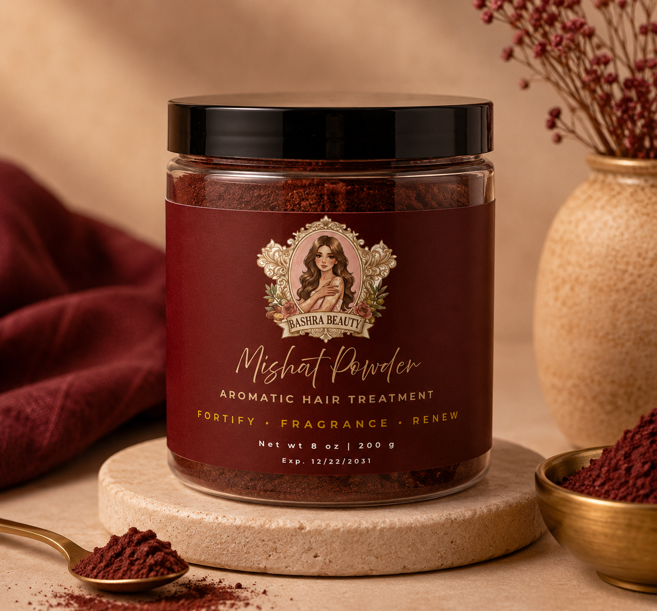 Premium Mishat Powder aromatic hair treatment in a 200g jar featuring a rich dark red herbal powder traditionally used to nourish the scalp and promote healthier-looking hair.