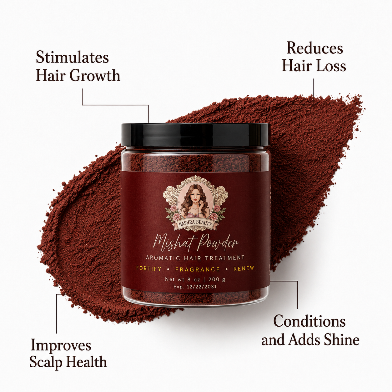 Mishat Powder highlighting its key benefits including stimulating healthier-looking hair, supporting scalp health, reducing hair breakage, and enhancing shine.