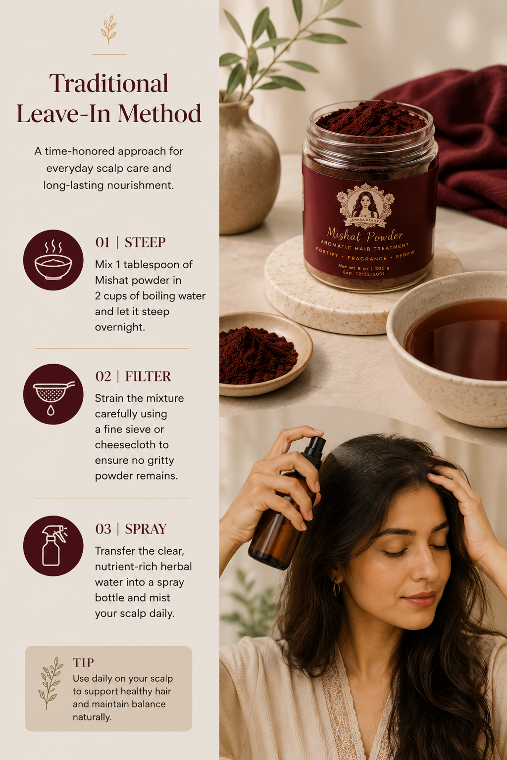 Traditional Mishat Powder leave-in method demonstrating how to steep, strain, and transfer the herbal infusion into a spray bottle for daily scalp and hair care.