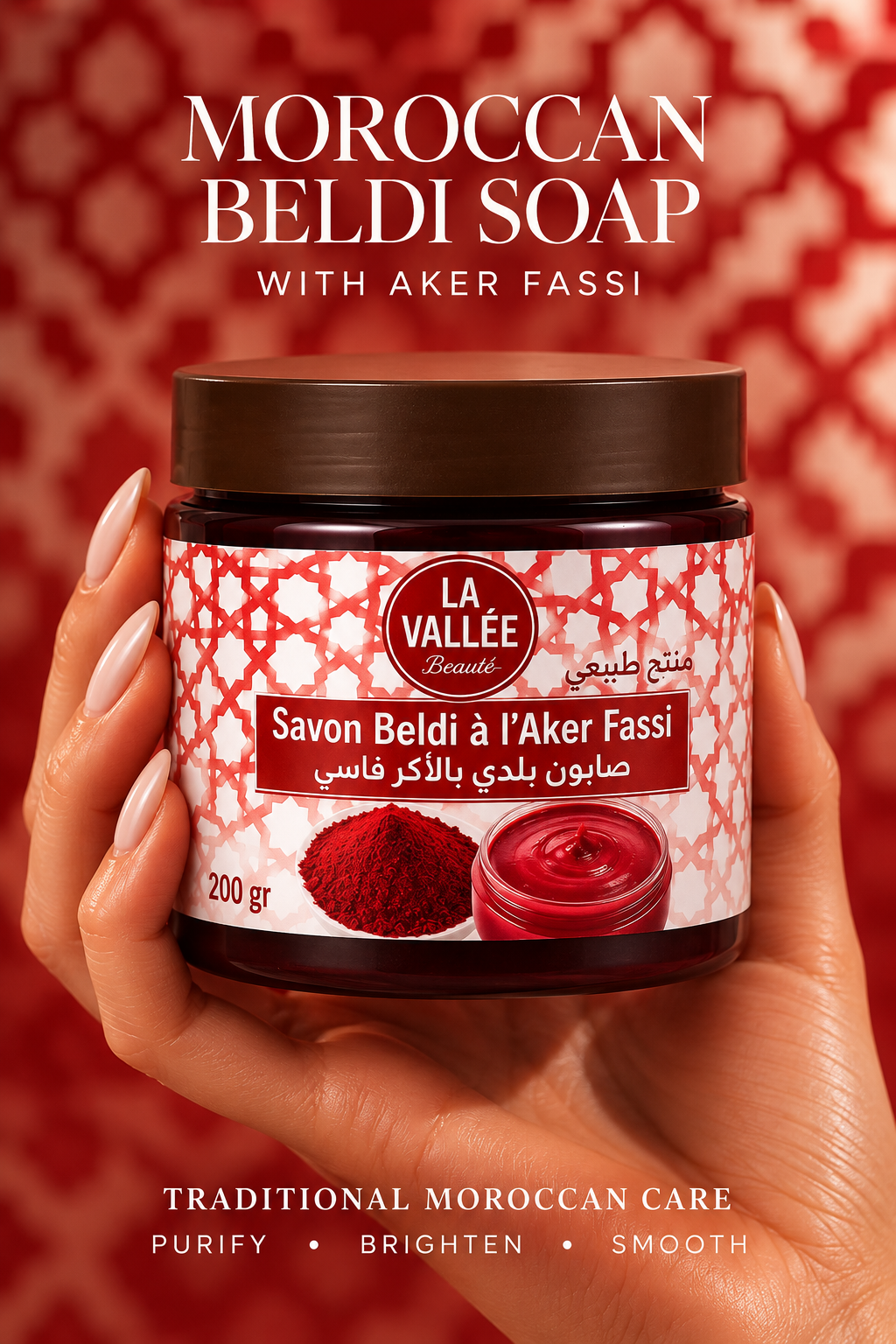 Moroccan beldi soap with Aker Fassi in a dark jar, displayed against a rich red Moroccan-inspired background.