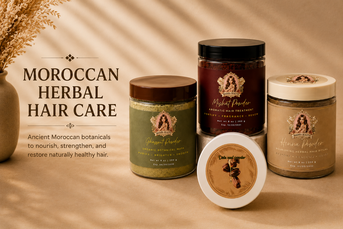 Moroccan Herbal Hair Care collection featuring traditional herbal powders including ghassoul, henna, and mishat for naturally stronger, healthier hair.