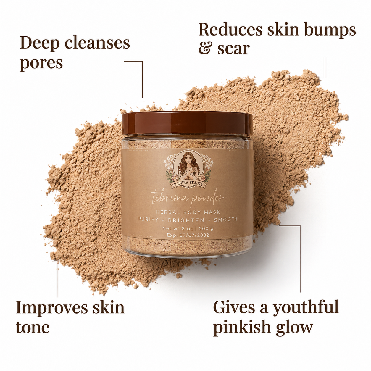 Bashra Beauty Moroccan Tebrima Powder Herbal Body Mask with key skincare benefits including deep pore cleansing, improved skin tone, reduced skin bumps and scars, and a natural youthful glow.