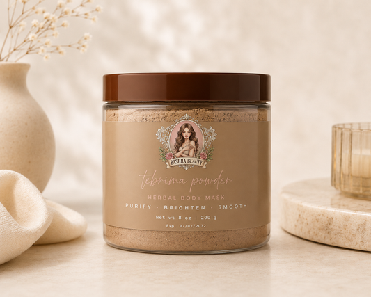 Jar of Moroccan Tebrima Powder Herbal Body Mask by Bashra Beauty, a traditional natural body treatment used to purify, soften, and prepare the skin before exfoliation during the Moroccan hammam ritual.