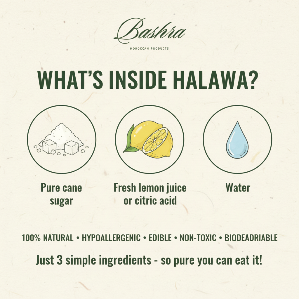 What's inside Halawa - pure cane sugar, fresh lemon juice, water - 100% natural hypoallergenic edible non-toxic biodegradable hair removal paste