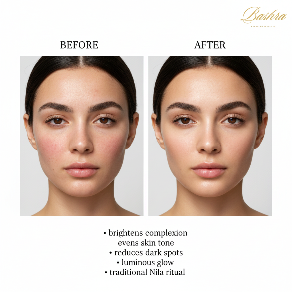 Face before and after using Bashra Nila Hammam Set - brightens complexion, evens skin tone, reduces dark spots for radiant luminous glow through traditional Nila ritual