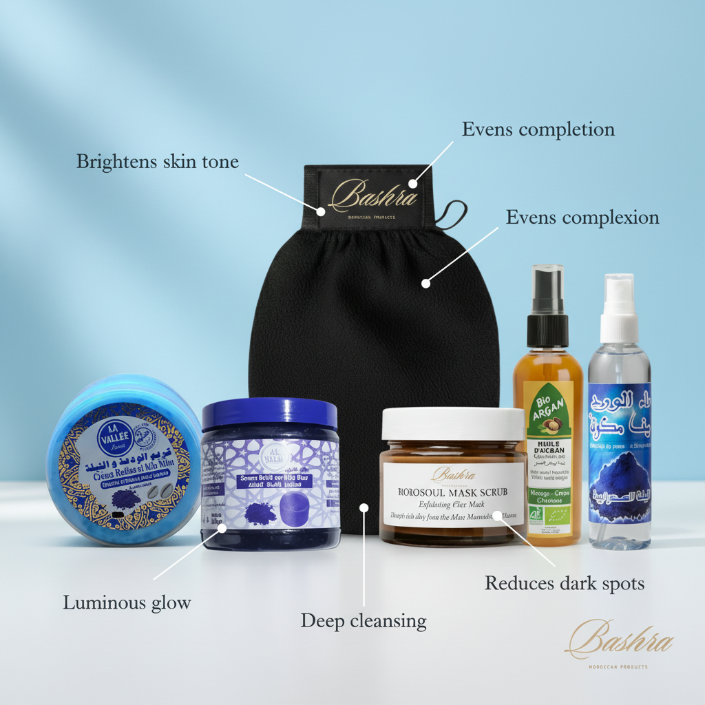 Bashra Beauty Nila Hammam Set with Nila mask, Moroccan black soap, kessa glove, and argan oil - brightens skin tone, evens complexion, reduces dark spots for luminous glow