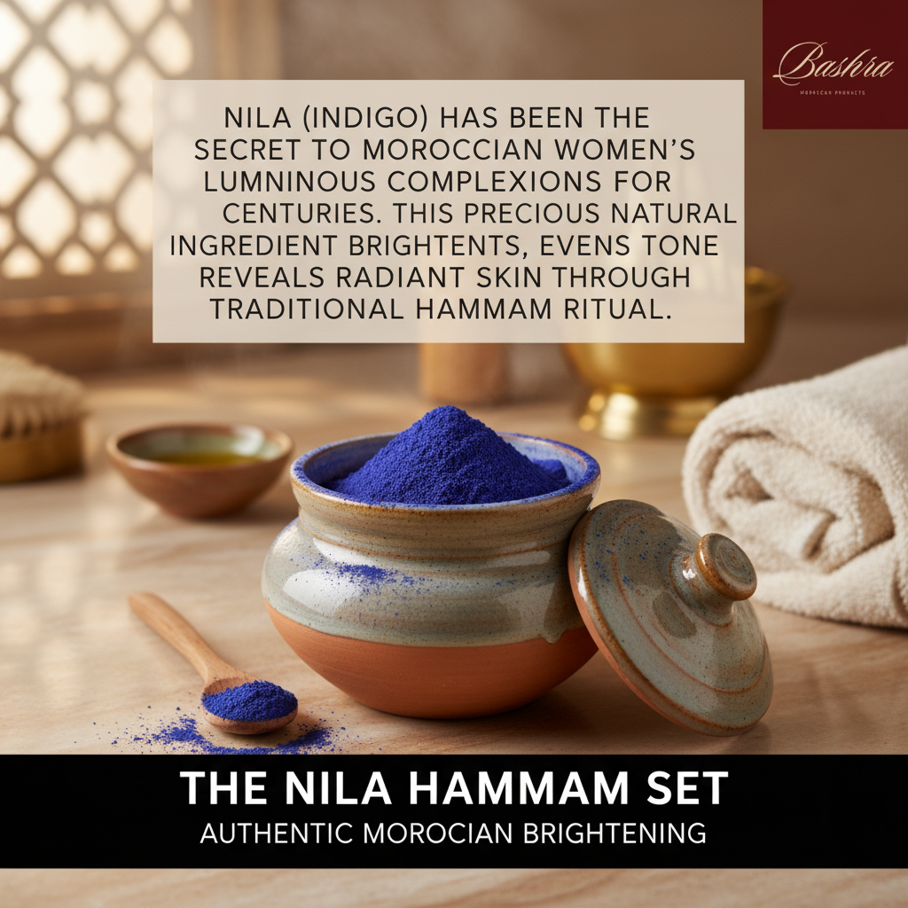 raditional Moroccan Nila indigo brightening treatment by Bashra Beauty - centuries-old secret to luminous complexions through authentic hammam ritual
