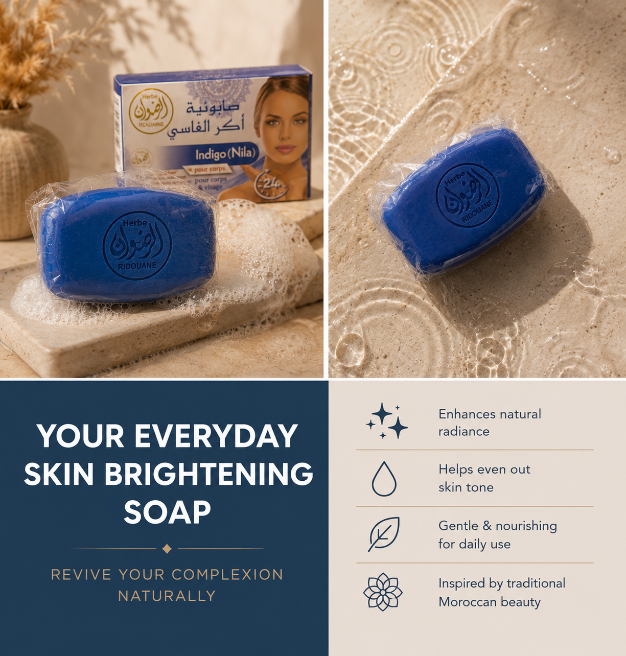 Woman using Bashra Beauty Moroccan Nila Soap Bar during a luxurious shower routine for softer, smoother, and more radiant-looking skin.