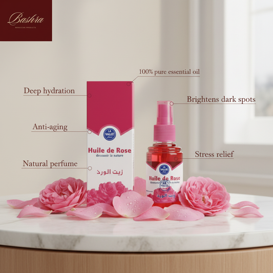 Bashra Pure Moroccan Rose Oil with Rosa damascena petals - deep hydration, anti-aging, brightens dark spots, stress relief aromatherapy, natural perfume, 100% pure essential oil
