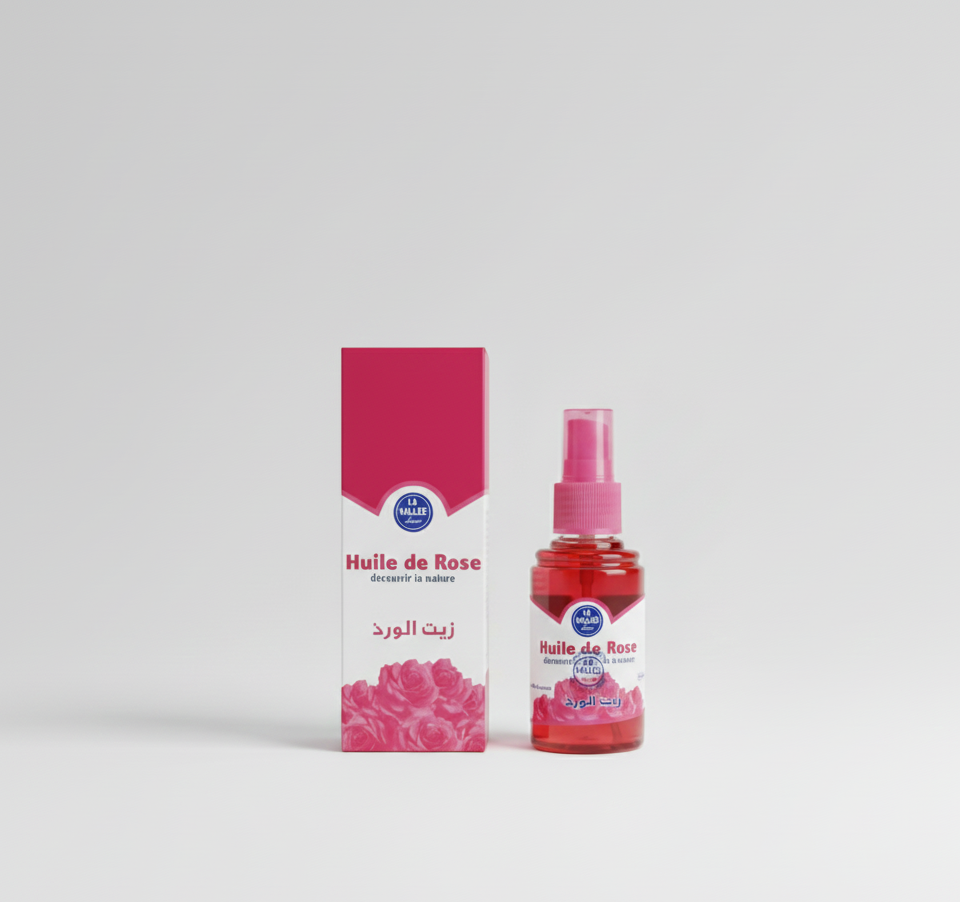 A studio photograph of a VALLEE Huile de Rose (Rose Oil) product. The image features both the pink and white cardboard box and the small spray bottle of oil. The text labels clearly read "Huile de Rose" in French and "زيت الورد" in Arabic, marketed under the tagline "découvrir la nature." This product targets users searching for natural skin moisturizing oil, pure Rosehip Oil, Moroccan beauty products, or natural hair care oil in a convenient spray format.