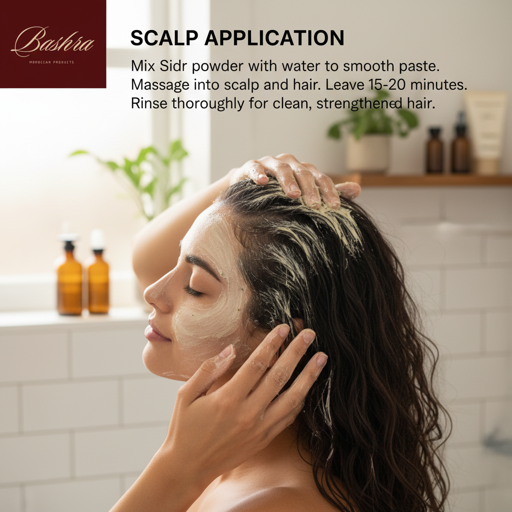 How to apply Bashra Sidr powder to scalp - natural shampoo alternative massage into hair and scalp for clean strengthened hair