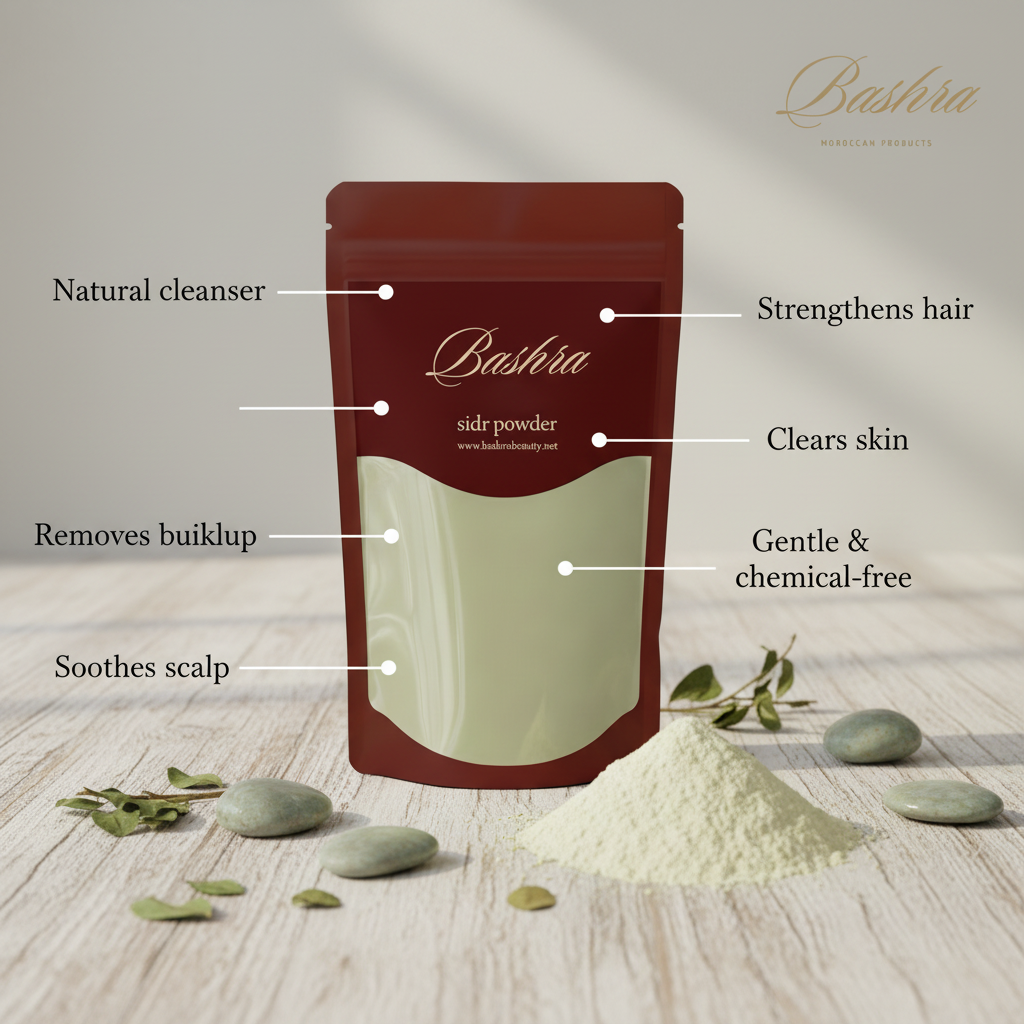 Bashra Beauty Pure Organic Sidr Powder benefits - natural cleanser, strengthens hair, clears skin, removes buildup, gentle chemical-free for scalp, face, and body