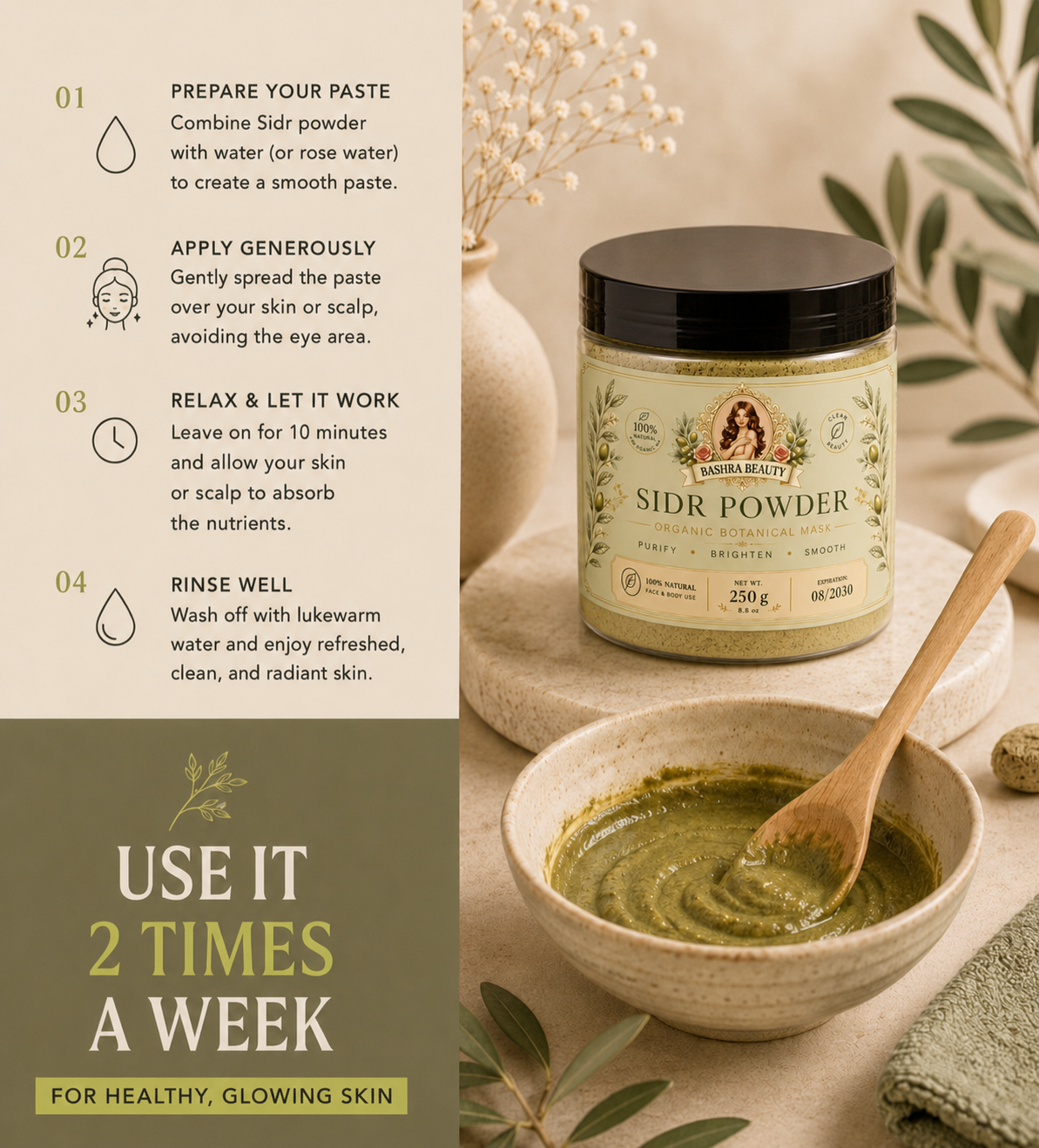 Bashra Beauty Sidr Powder beside a bowl of green paste with instructions to prepare, apply, leave on, and rinse twice weekly.