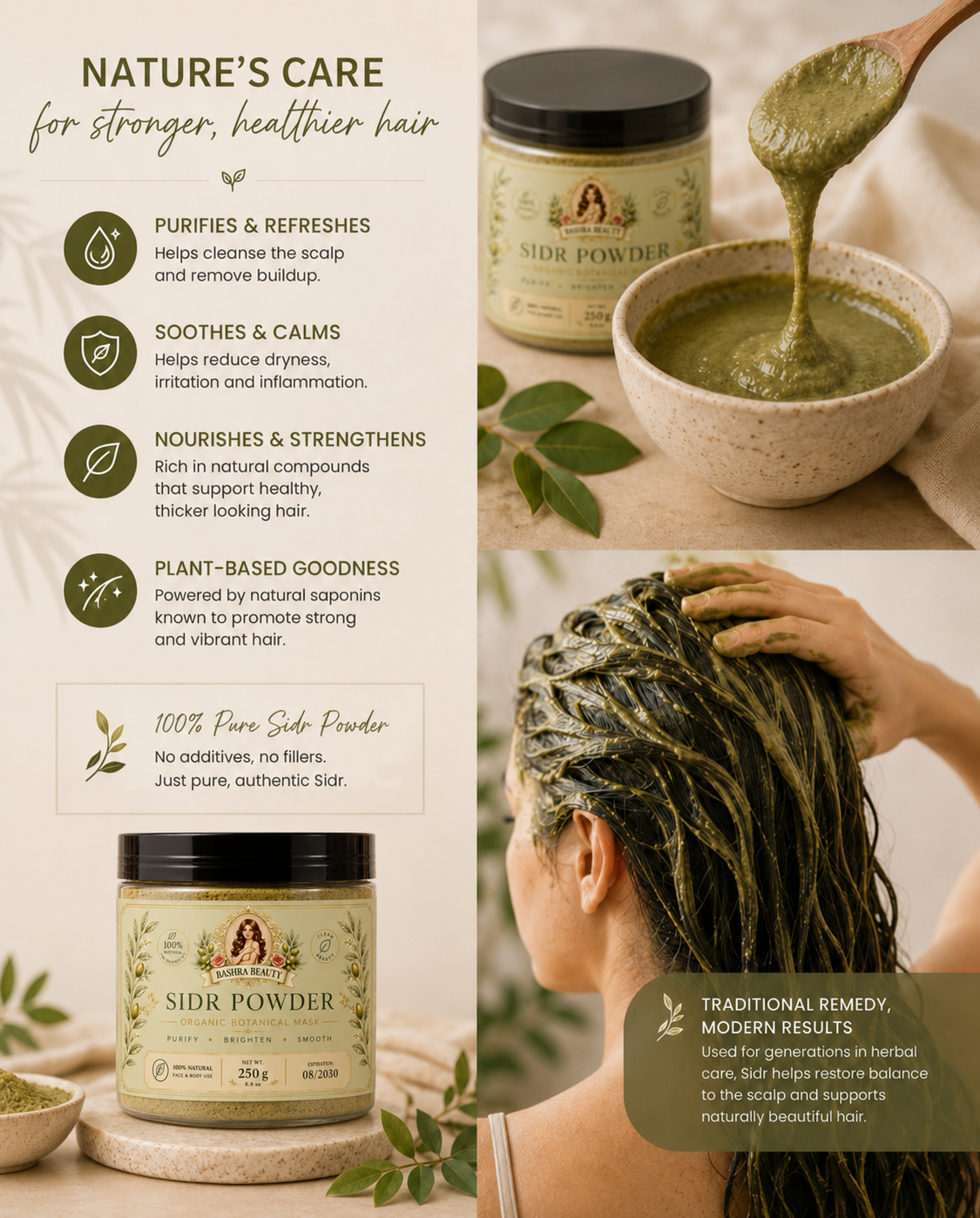 Sidr paste being prepared and applied to hair, with Bashra Beauty Sidr Powder and its cleansing and nourishing benefits.