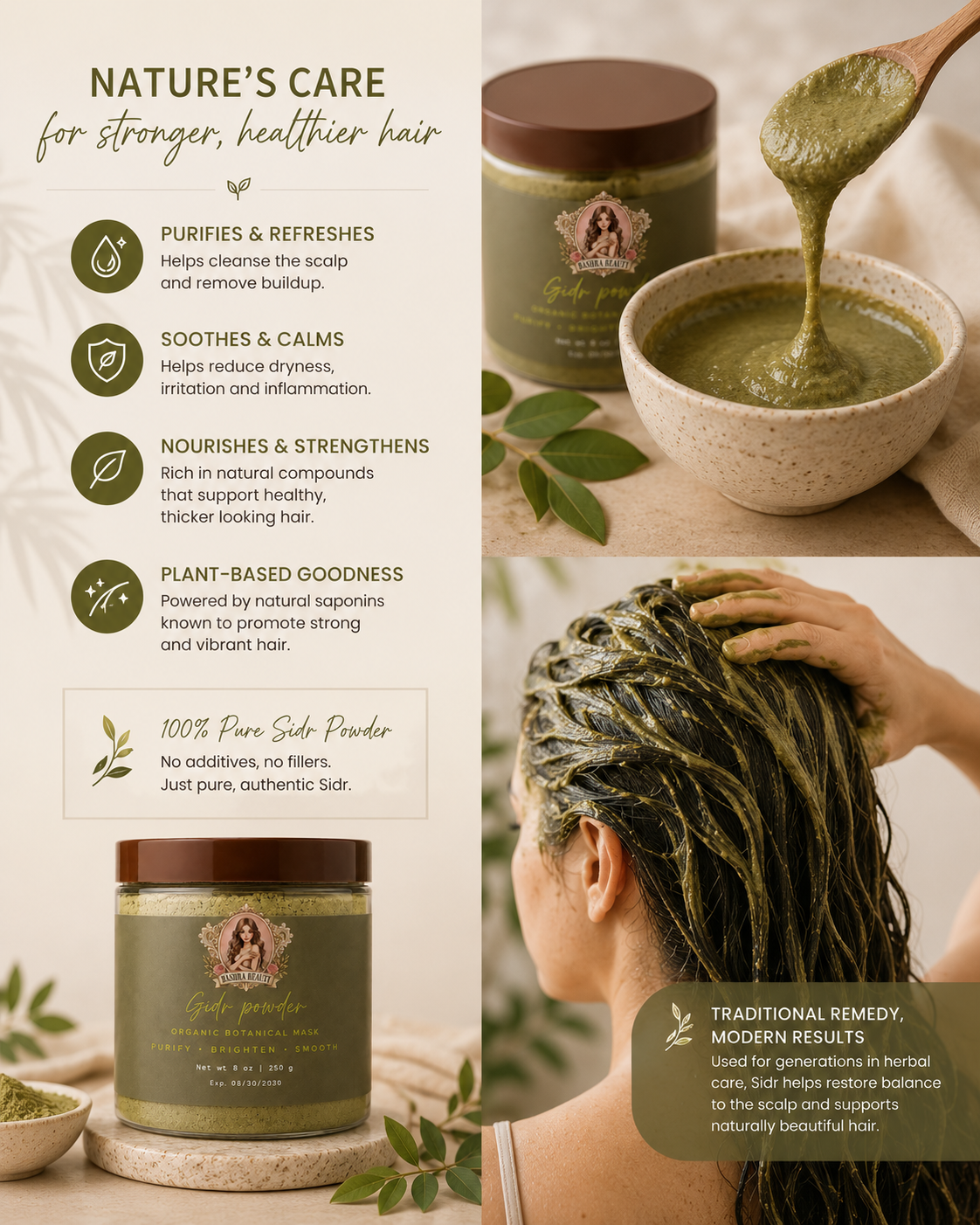 Woman applying Bashra Beauty Sidr Powder hair mask to nourish the scalp, reduce buildup, and support healthy-looking hair.