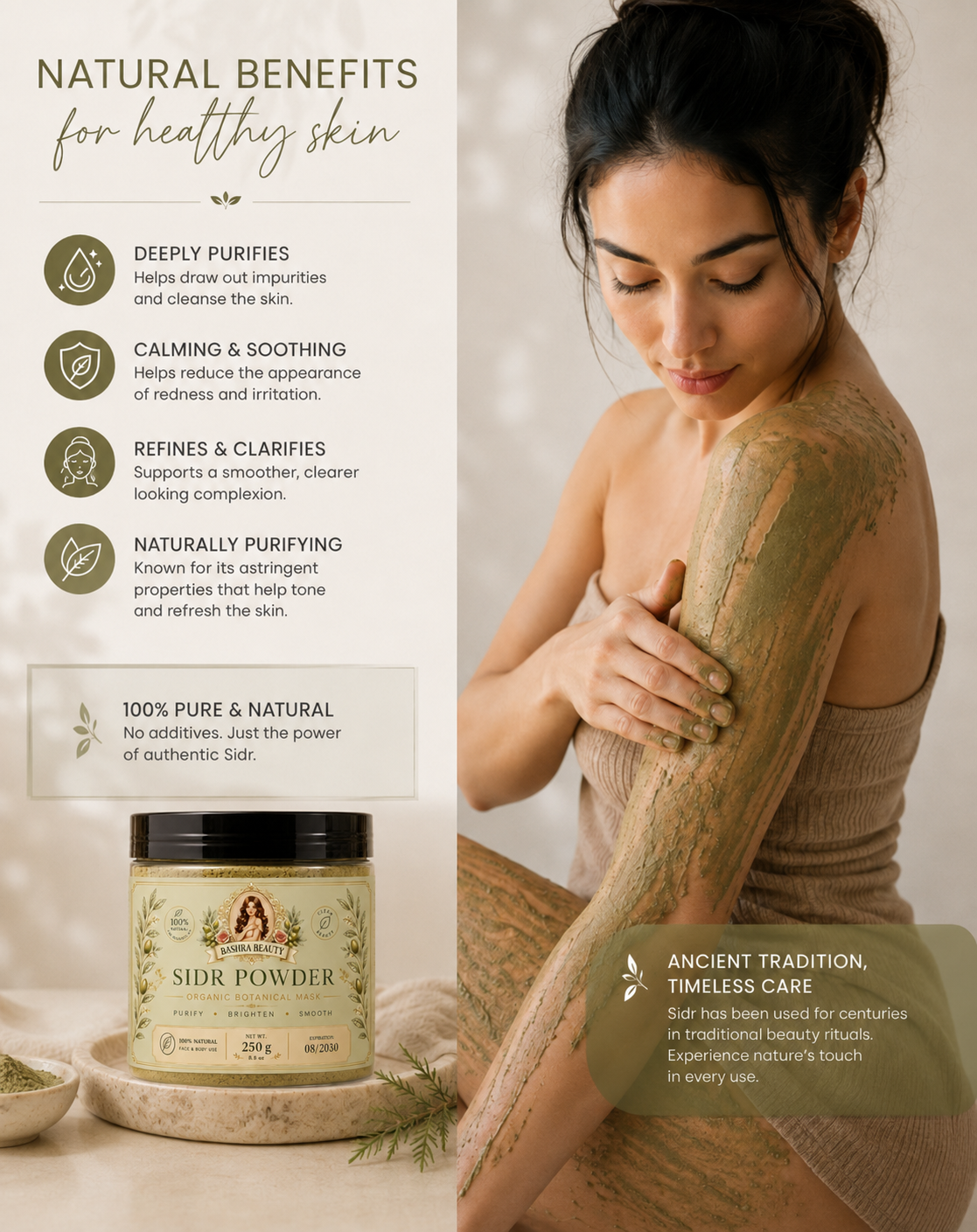 Woman applying a green Sidr mask to her arm beside Bashra Beauty Sidr Powder and a list of natural skin benefits.