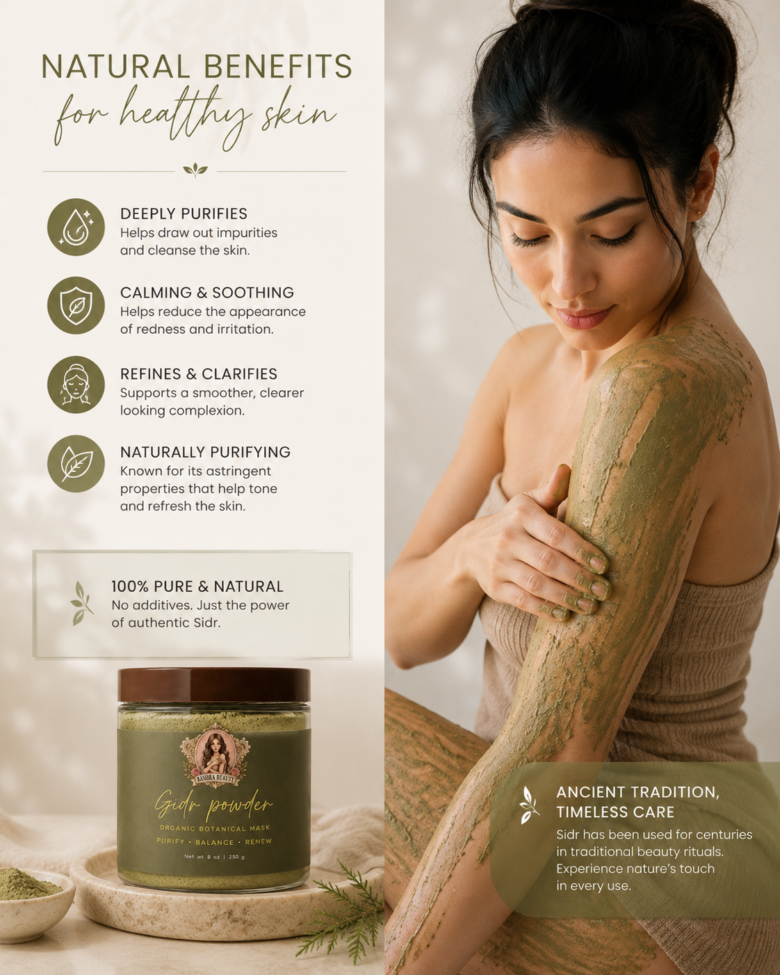 Woman applying Bashra Beauty Sidr Powder botanical mask to her skin, demonstrating its natural cleansing and soothing benefits.