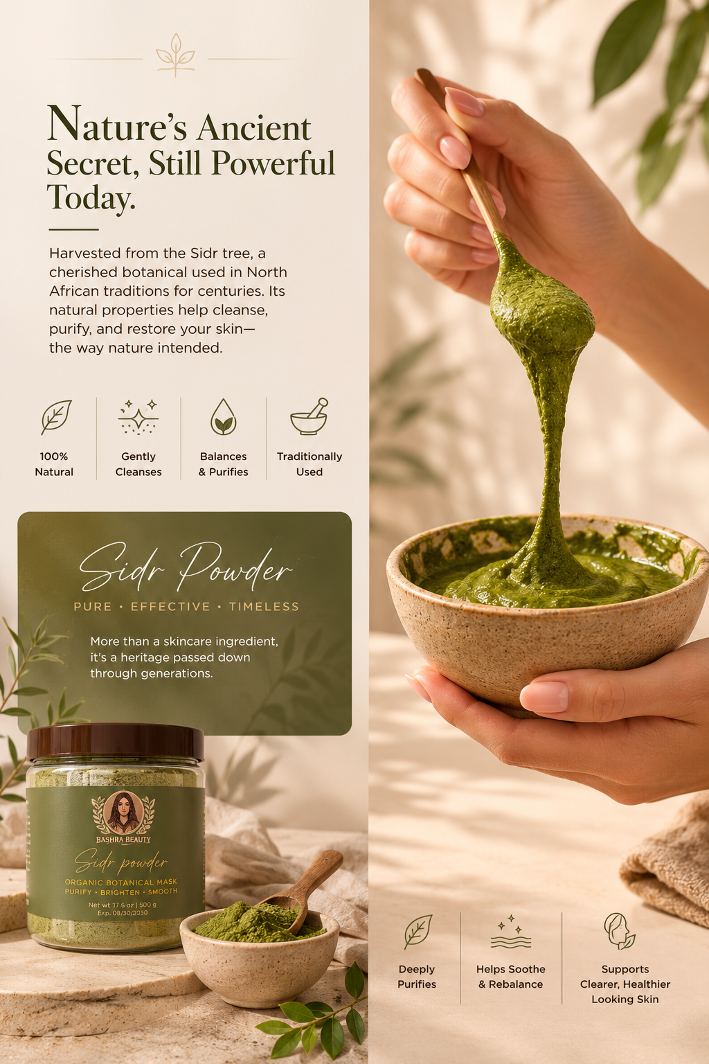 Natural Sidr Powder inspired by traditional botanical beauty rituals, showcasing its cleansing and skin-purifying properties.