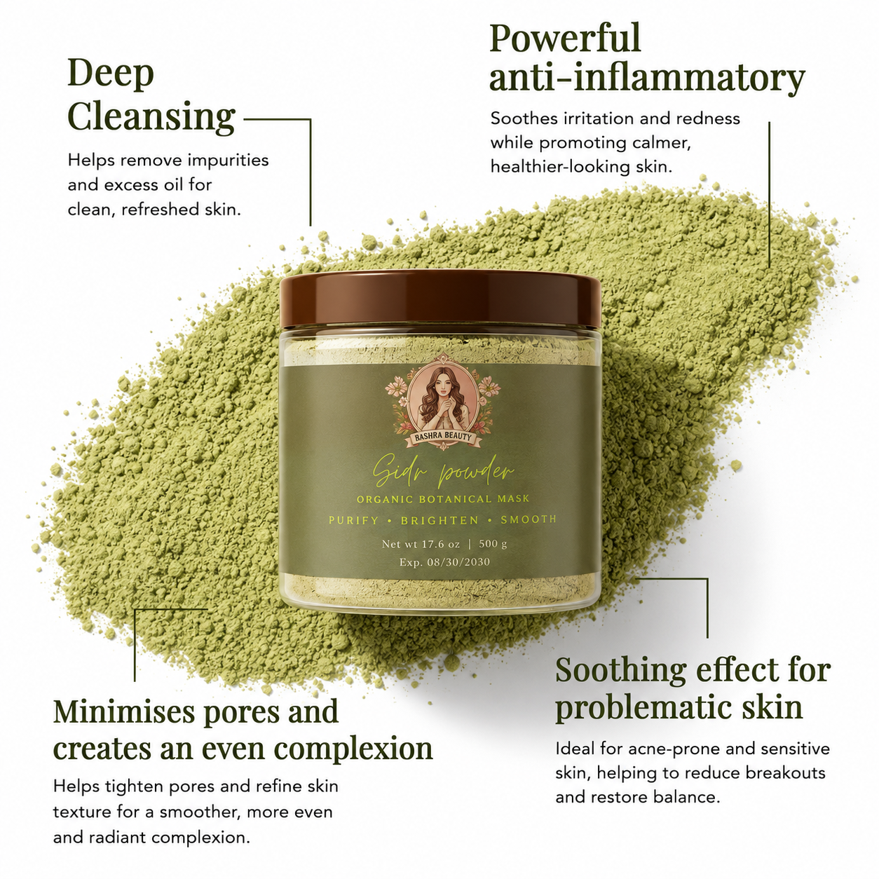 Infographic highlighting the skin benefits of Bashra Beauty Sidr Powder, including deep cleansing, soothing irritated skin, refining pores, and naturally purifying the complexion.