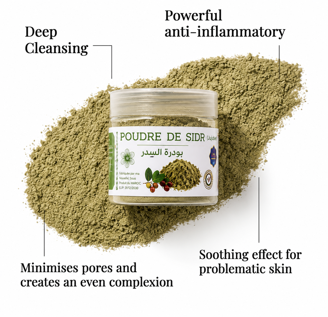 Moroccan Sidr Powder highlighting its natural skin benefits including deep cleansing, soothing irritation, reducing inflammation, and refining the appearance of pores.