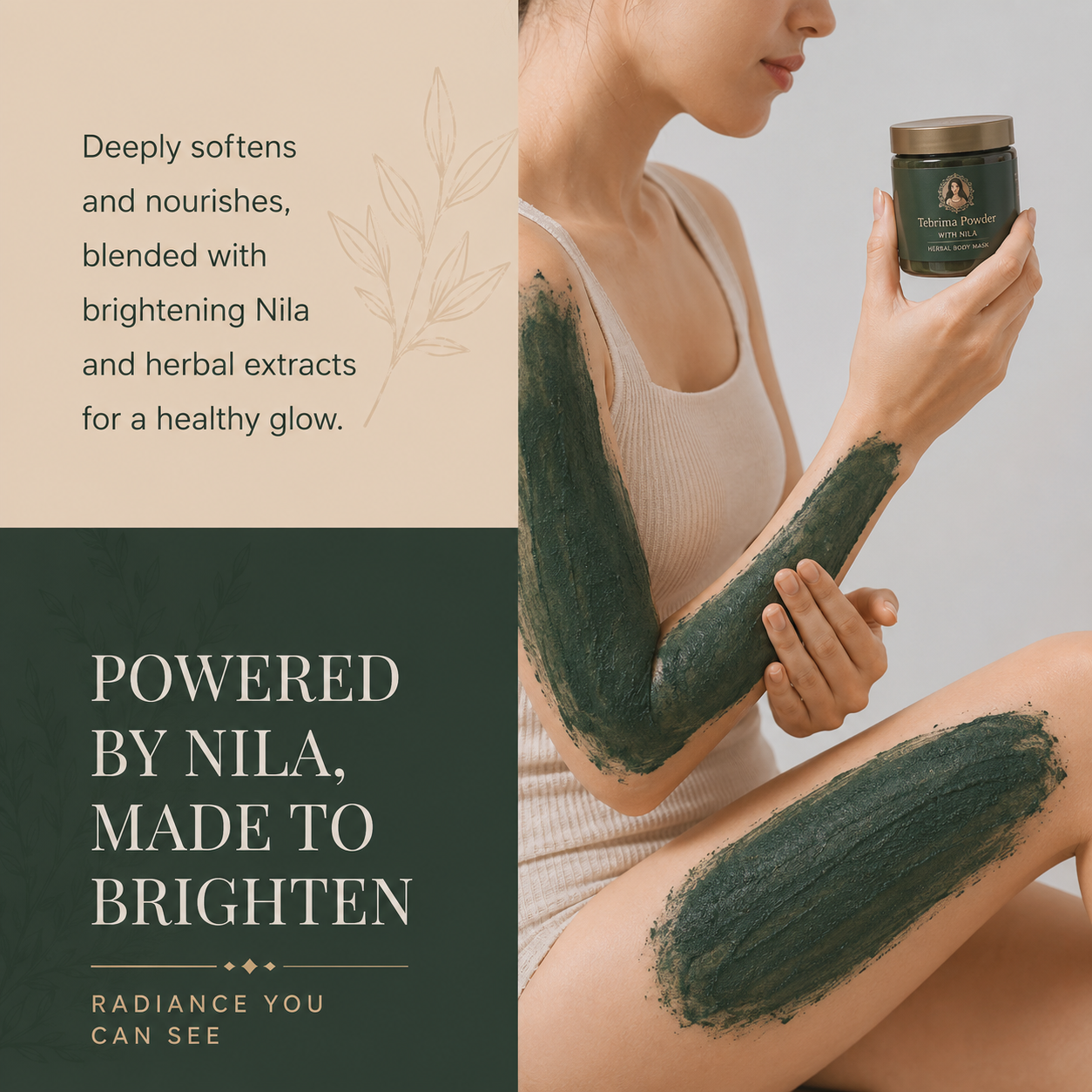 Woman applying Tebrima Powder with Nila herbal body mask to her arms and legs while holding the product, demonstrating a luxurious Moroccan body care routine for smoother, brighter-looking skin.