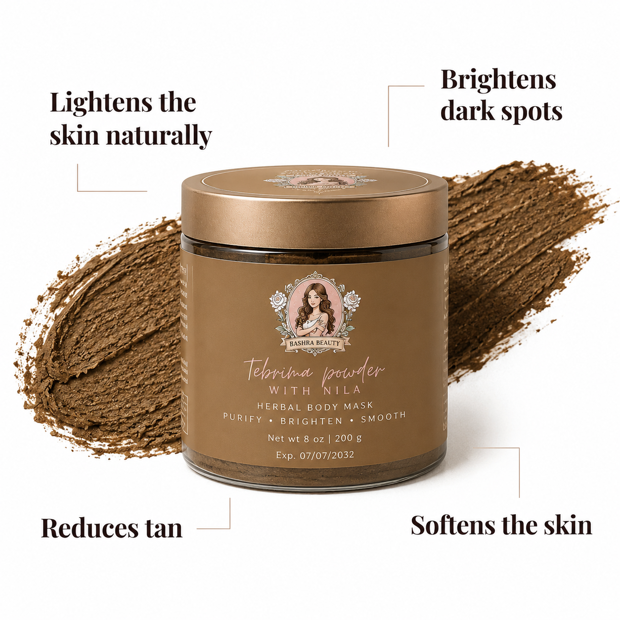 Tebrima Powder with Nila herbal body mask highlighting key benefits including brightening the appearance of dark spots, reducing the look of tan, softening skin, and promoting a more radiant complexion.