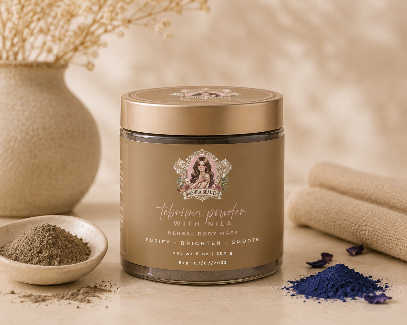 Bashra Beauty Tebrima Powder with Nila herbal body mask in a premium beige jar displayed with natural herbs and authentic Moroccan Nila powder.