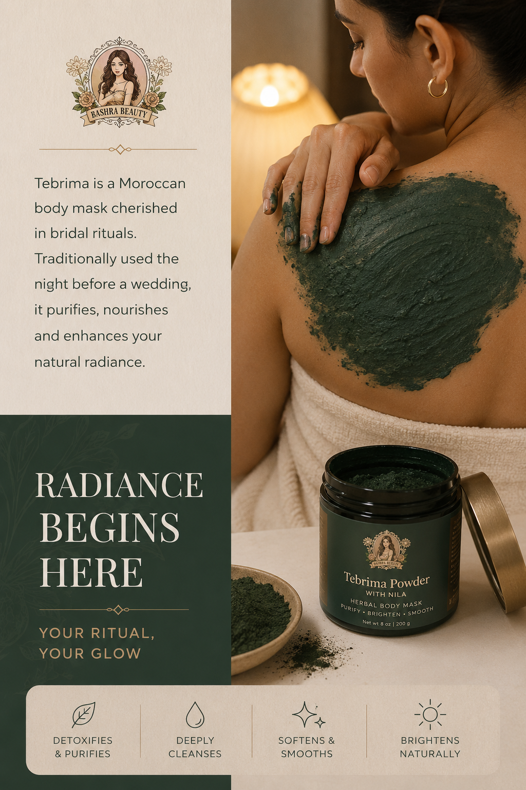 Woman applying Bashra Beauty Tebrima Powder with Nila herbal body mask as part of a traditional Moroccan skincare ritual to purify, nourish, and enhance the skin's natural glow.