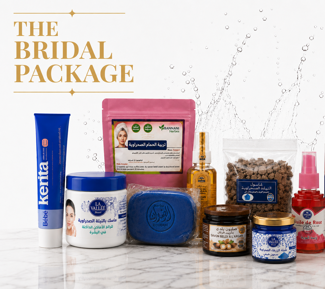 The Bridal Package by Bashra Beauty featuring Kenta Cream, Moroccan Blue Nila Mask, Blue Nila Soap, Blue Nila Powder, Rose Oil, Argan Oil, Beldi Soap, Ghassoul Clay, Tebrima Powder, and a Kessa Glove for a complete Moroccan hammam and bridal skincare ritual.