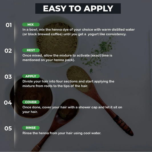 5-step henna hair dye application guide: mix with warm water, rest to activate, apply root to tip, cover with shower cap, rinse with cool water